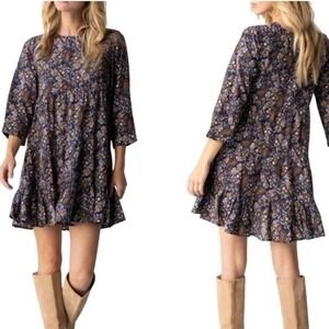 Natural Life Dress ‎ Sz M Blue Floral Heidi Tiered Mini Dress Cottage Western